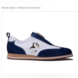 Walter Genuin Woman’s Blue and White Leather Golf Shoes w Gold Zip Closure. 7